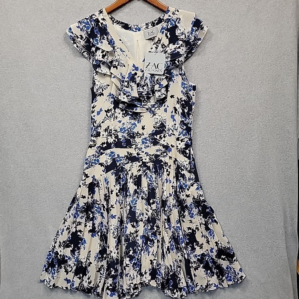 NEW ZAC POSEN Womens Sz 12 Dress Blue Cream Floral Silk Ruffle Neck Flare Skirt
